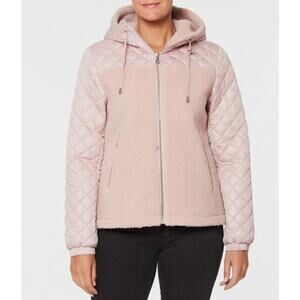 Kate Spade New York Hooded Faux Fur Quilt Jacket in Soft Rose,  Size Large
